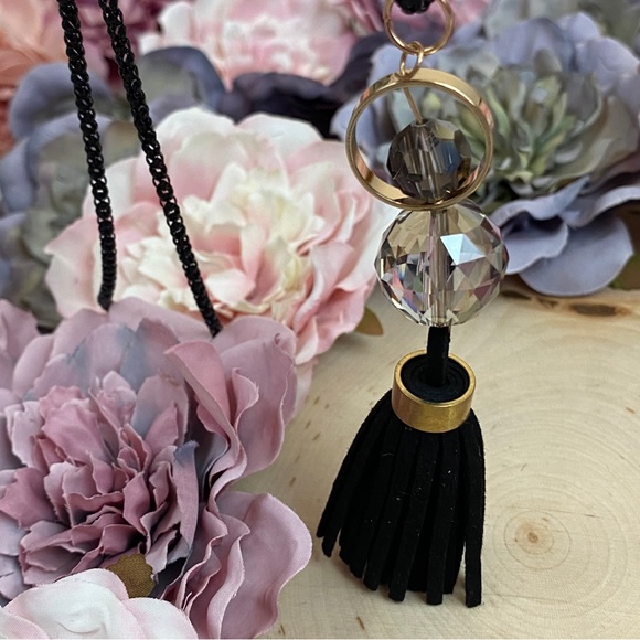 Chic Clear Sphere Long Black and Gold Tassel Necklace - Picture 10 of 11
